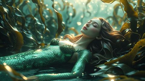 Mesmerizing Mermaid Relaxing in Serene Underwater Kelp Forest