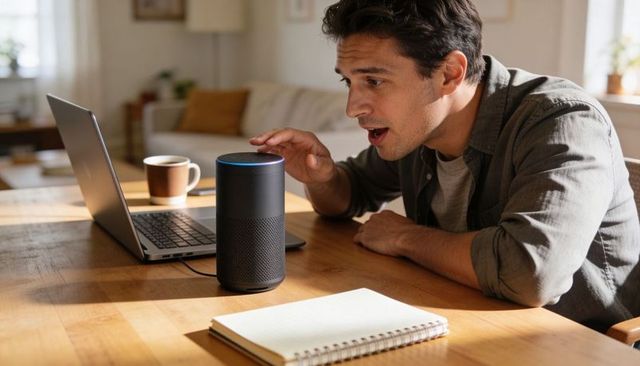 Man interacting with smart speaker in home workspace with laptop and notebook, remote work