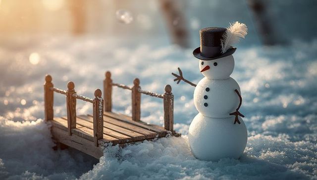 Whimsical Snowman Beside Wooden Bridge in Winter Wonderland
