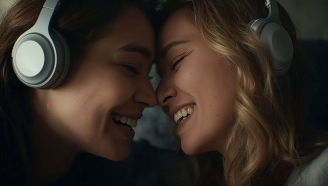 Young women sharing headphones and laughing, intimate close-up showing emotional connection