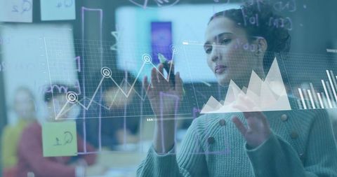 Young Woman Solving Calculus on Glass Board with Interactive Graphs and Geometry Visuals