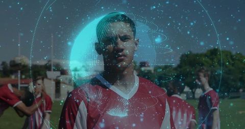 Teen Soccer Player on Field with Futuristic Digital Overlay
