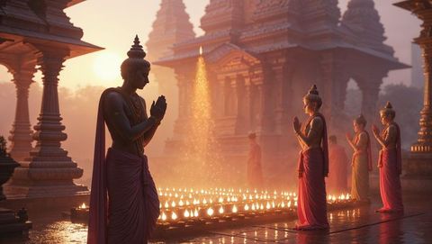 Devotees Praying at Sunrise in Sacred Courtyard Amidst Serenity