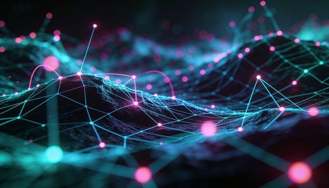 Abstract neon network displaying glowing magenta cyan wireframe mesh for tech backgrounds