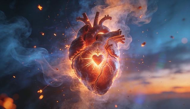 Floating anatomical heart glowing with golden heart-emblem, sending embers against twilight sky