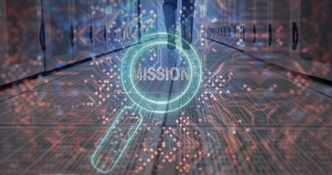 IT Professional Walking in Data Center Highlighting Mission Overlay