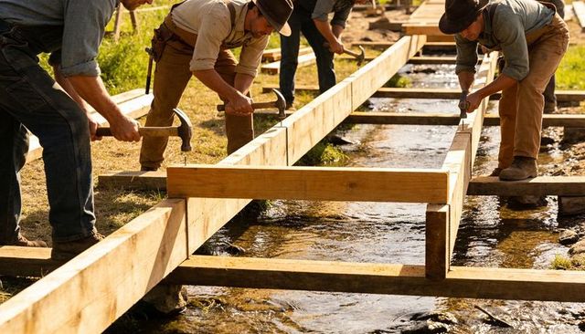 Carpenter crew nailing timber bridge over creek building rustic wooden footbridge