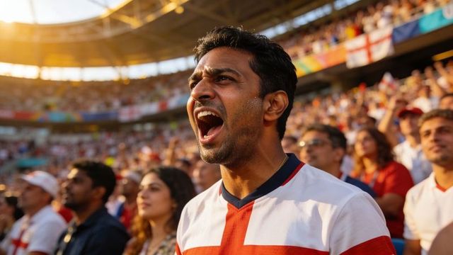 Shouting male fan cheering in packed stadium wearing white jersey with red cross