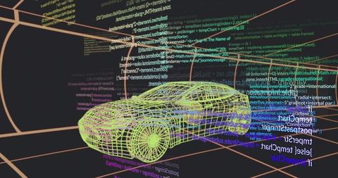 Wireframe sports car in digital grid space with colorful code