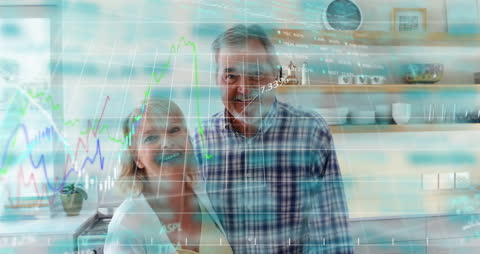 Couple Discusses Financial Data at Home with Digital Interface Overlay