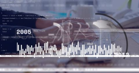 Typing hands with hud data visualization and analytics dashboard on laptop, modern office