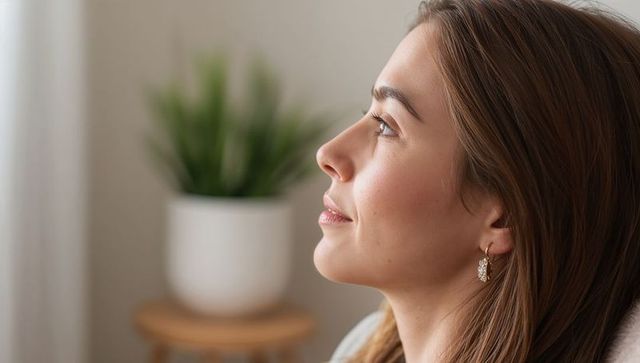 Gazing young woman tilting head by window with gold hoop earring and potted plant