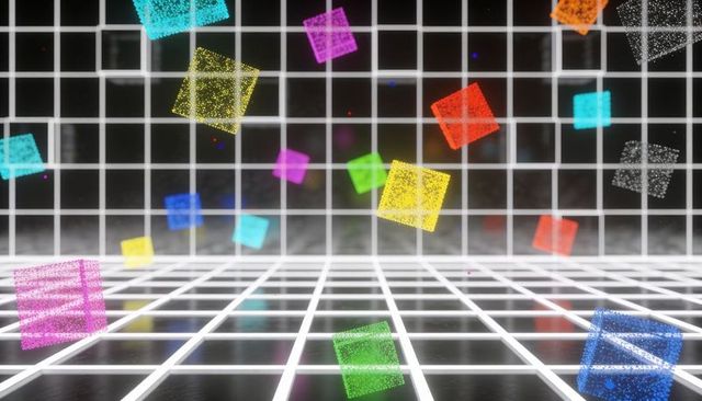 Floating neon cubes rotating in wireframe grid chamber with translucent voxel glow