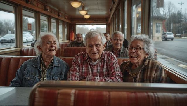 Laughing seniors sharing warm conversation in retro diner booth, small town nostalgia