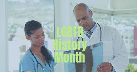Healthcare Professionals Discussing X-Ray with LGBTQ History Overlay