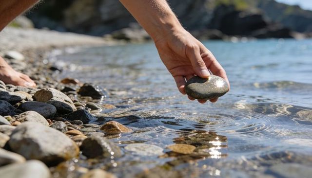 Hand dipping smooth stone into lake water, creating ripples over sunlit pebbled shore