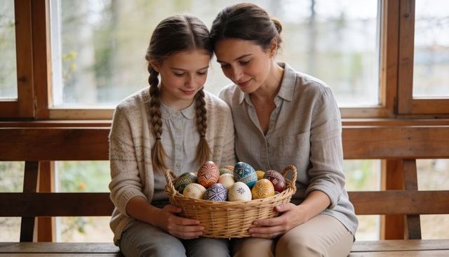 Mother daughter holding basket of hand-painted easter eggs on porch bench