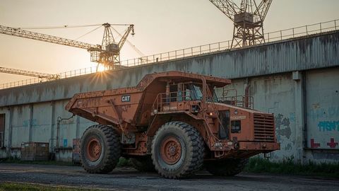 Sunset industrial scene with cat dumper truck and tower cranes