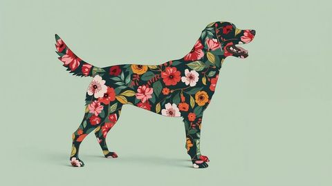 Decorative floral silhouette of standing barking dog on green background