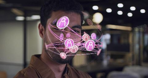 Man interacting with holographic spherical ar social network interface in modern office