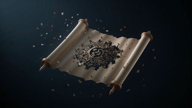 Mystical scroll with intricate emblem floating in void