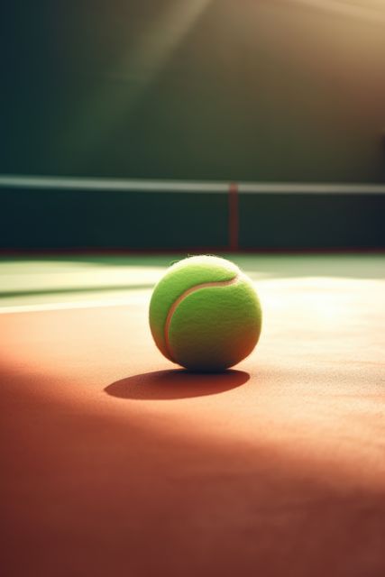 Close up of green tennis ball lying on tennis court at gym created using generative ai technology. Tennis and sport concept digitally generated image.