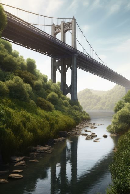 Bridge crossing river in forest over blue sky, created using generative ai technology - Download Free Stock Photos Pikwizard.com