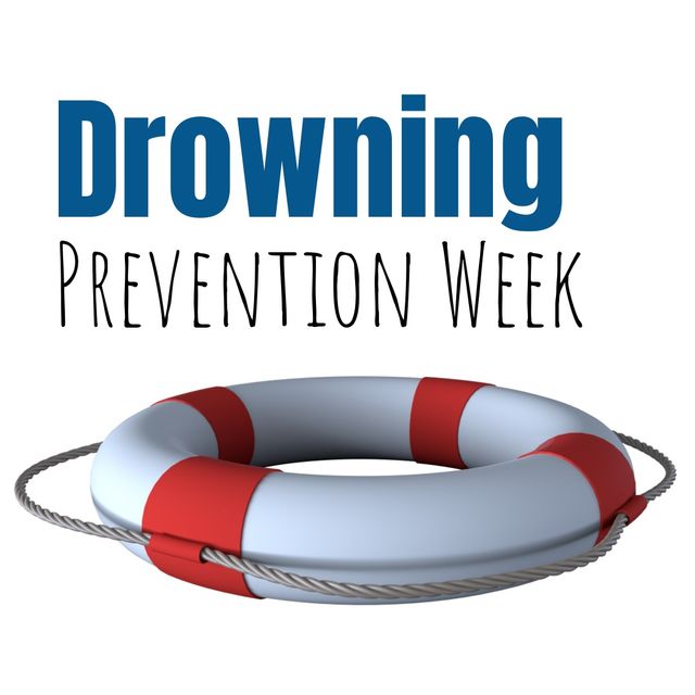 Digital composite image of drowning prevention week text with inflatable ring on white background. vector, symbolism and awareness concept.