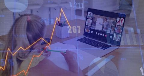 Girl studying remotely at dining table with laptop, notebook and financial charts overlay