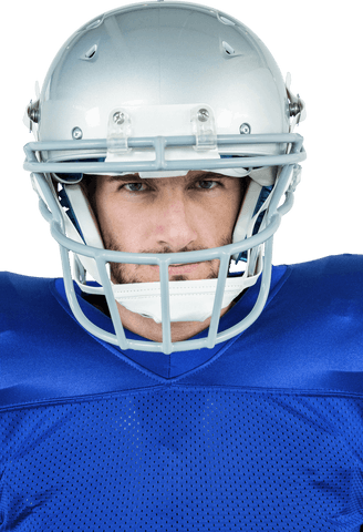 Transparent confident american football player in blue jersey and helmet