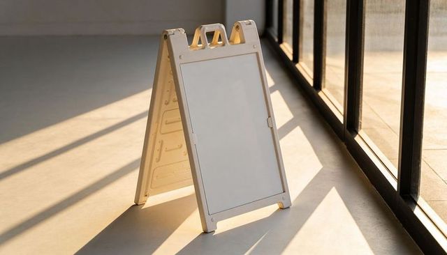 Blank sandwich board sign standing in sunlight near glass window for custom messaging