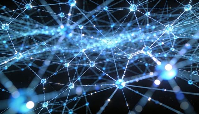 Pulsing cyan neural network connecting glowing spherical nodes and luminous filaments