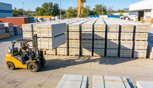 Yellow forklift transporting stacked precast concrete panels across industrial yard with overhead cr