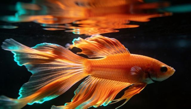 Luminous orange goldfish swimming with flowing veil fins and teal rim light reflection