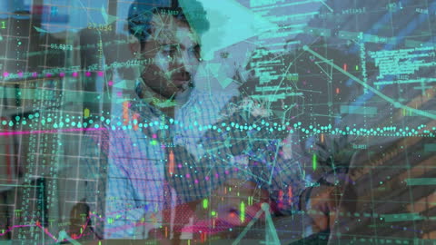 Businessman Analyzing Digital Financial Data with Laptop Overlay