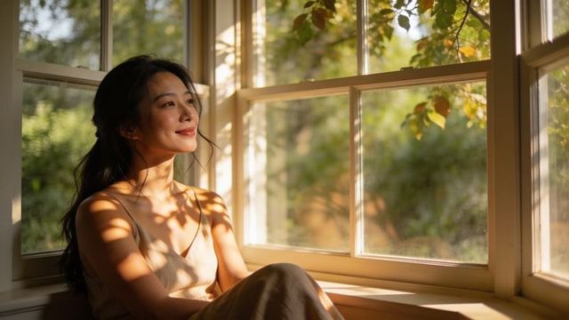 Asian woman sitting by window bathed in golden hour light, serene lifestyle portrait