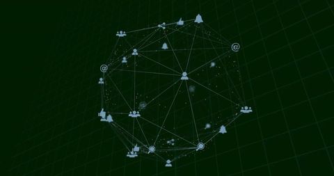 Spherical network graph and media icons in digital grid