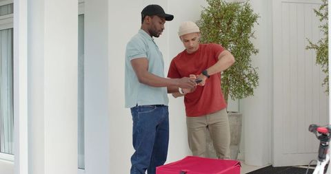 Delivery drivers checking smartwatch and comparing smartphone on modern porch with insulated bag