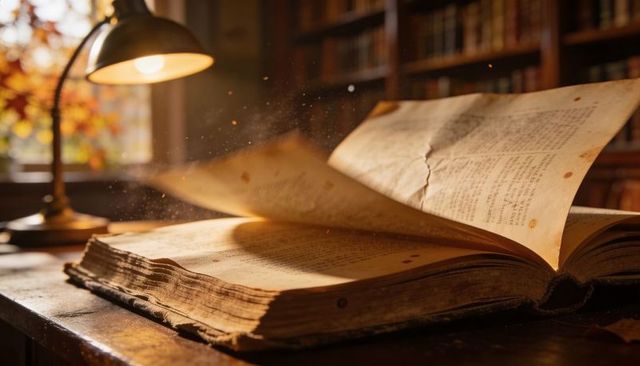 Antique Open Book with Turning Page, Dust Motes and Warm Desk Lamp Glow in Library Study