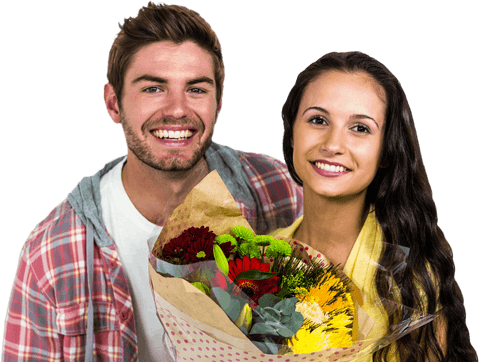 Couple Smiling with Bouquet on Transparent Background