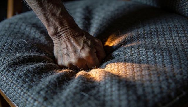 Pressing elderly hand sinking into tufted wool cushion warm light revealing woven texture