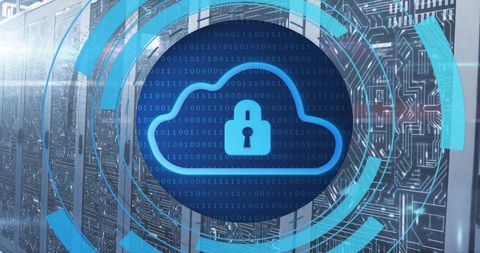 Digital security network with cloud and lock icons over server room