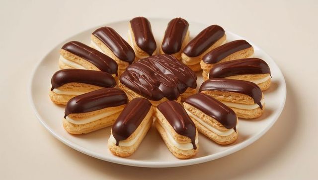 Chocolate-glazed cream-filled eclairs arranged in radial pattern on white plate