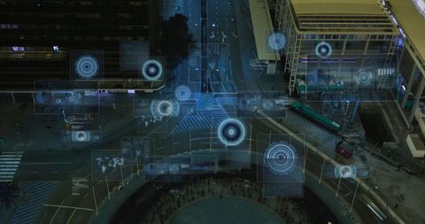 Digital Navigation Tech Overlay on Futuristic Cityscape