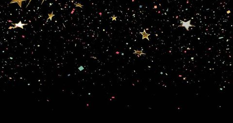 Falling multicolor confetti with gold stars on black background for celebration design
