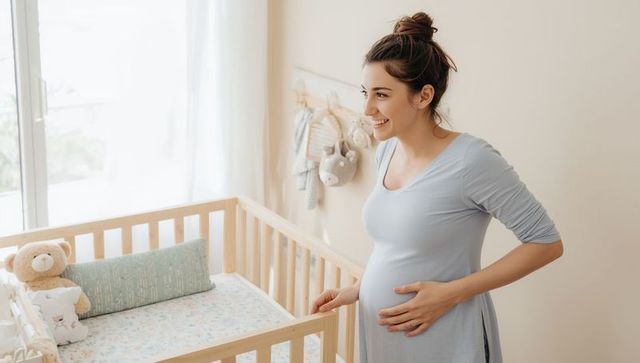 Expectant mother cradling belly in nursery room interior