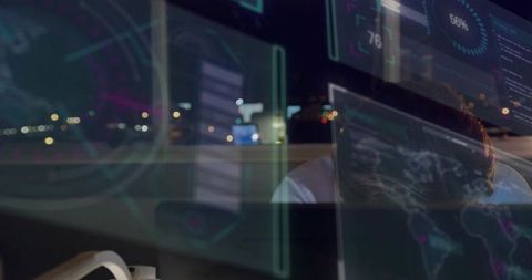Executive slumping at desk beneath holographic data dashboards at night with city lights