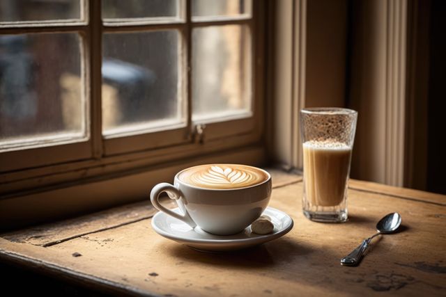Warm, inviting coffee cup with beautifully crafted latte art sits on wooden table by large window. Rich lighting creates comforting ambiance. Perfect for use in promoting cafes, coffee culture, hospitality industry, or lifestyle blogs focusing on relaxation and morning routines.