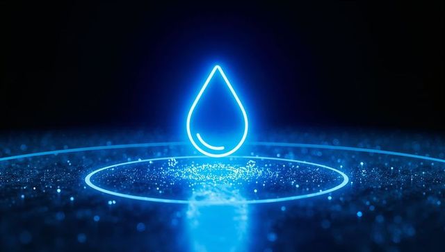 Neon blue holographic water droplet hovering above glittering halo rings on dark surface