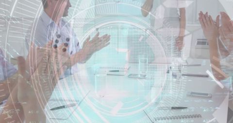 Business meeting: applause with digital technology overlay